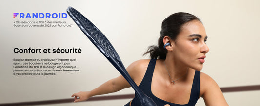 La femme utilise soundcore AeroClip Écouteurs à l'oreilles libres pour sports