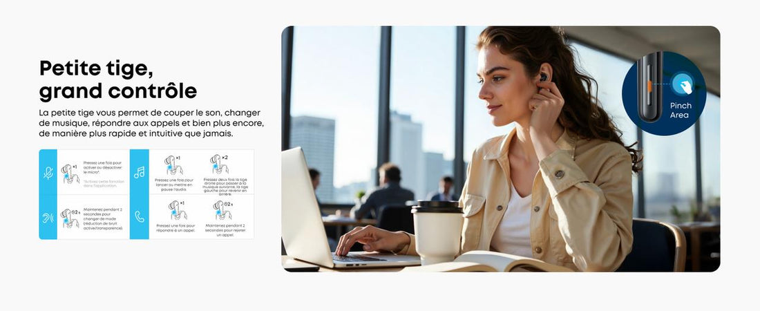 Une femme utilse soundcore liberty 5 pendant le télétravail