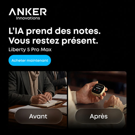 Démonstration avant/après d’AI Note-Taker sur les Liberty 5 Pro Max : notes affichées sur l’écran tactile AMOLED du boîtier de charge