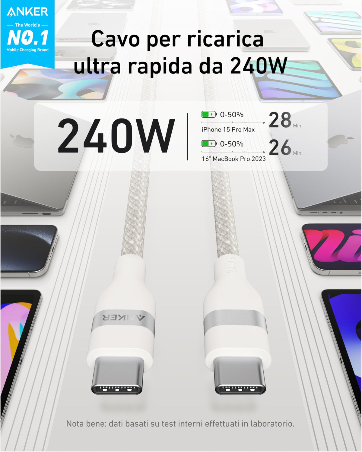 Câble Anker USB-C vers USB-C (240 W, upcyclé et tressé)