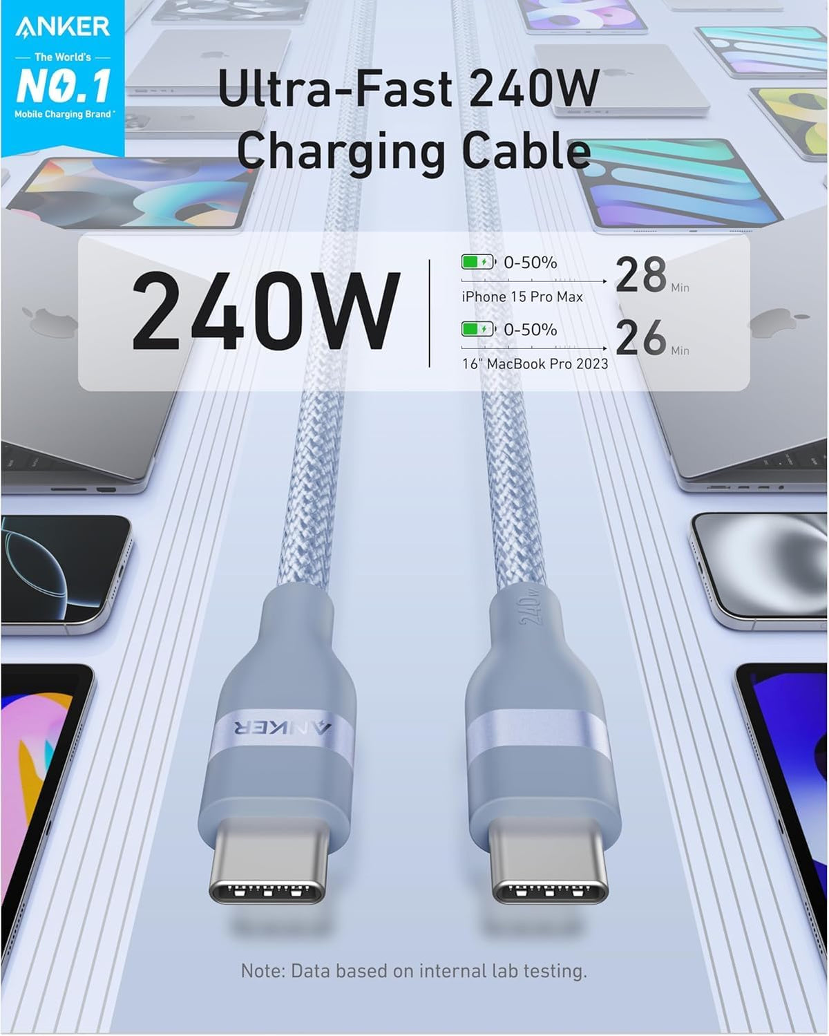 Câble Anker USB-C vers USB-C (240 W, upcyclé et tressé)