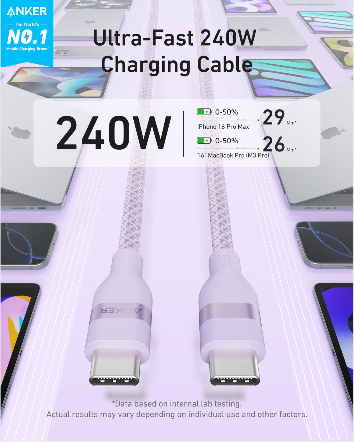 Câble Anker USB-C vers USB-C (240 W, upcyclé et tressé)