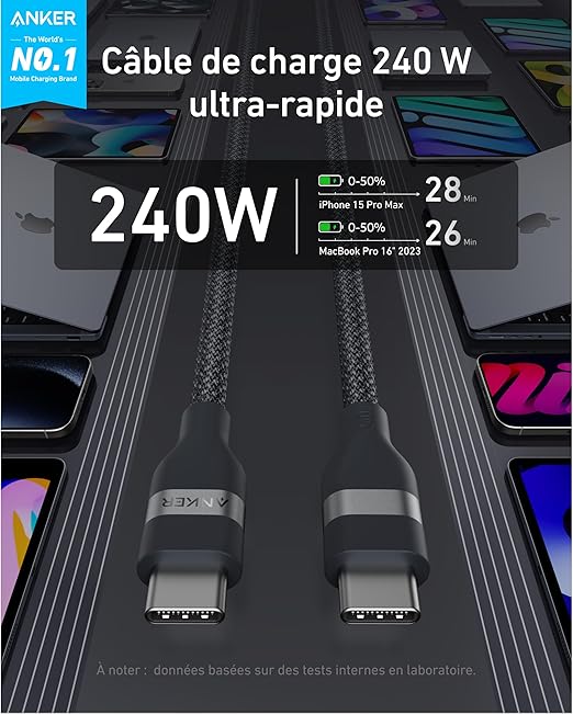 Câble Anker USB-C vers USB-C (240 W, upcyclé et tressé)