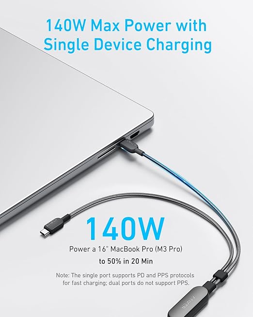 Anker 2-in-1 USB-C to USB-C Cable (4 ft, 140W, Braided）