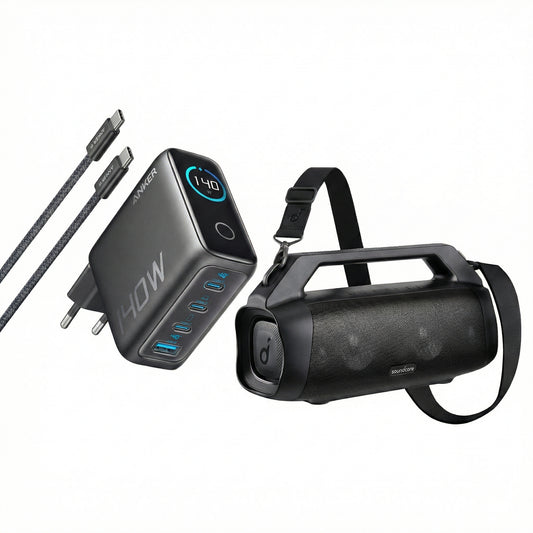 Motion Boom Plus | Enceinte portable extérieure + Chargeur Anker (140 W, 4 ports, PD 3.1)